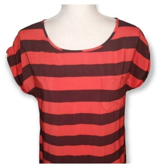 FRENCH CONNECTION RED & BROWN STRIPE SILK DRESS SZ.4 EUC. - Picture 2 of 6